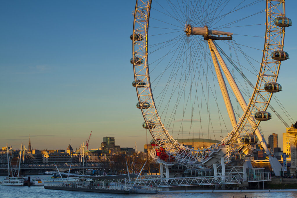 England, Greater London, London Borough of Lambeth. The London Eye (also known as the Millennium Wheel), the tallest Ferris wheel in Europe located on the south bank of the River Thames.