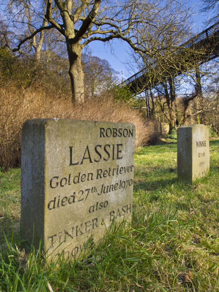 England, Tyne & Wear, Jesmond Dene. Headstone in a pet cemetery and pet burial ground in Jesmond Dene in the City of Newcastle.
