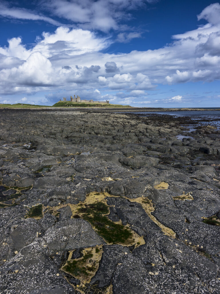 England, Northumberland, Dunstanburgh Castle. Dunstanburgh Castle and surrounding coastline at low tide.