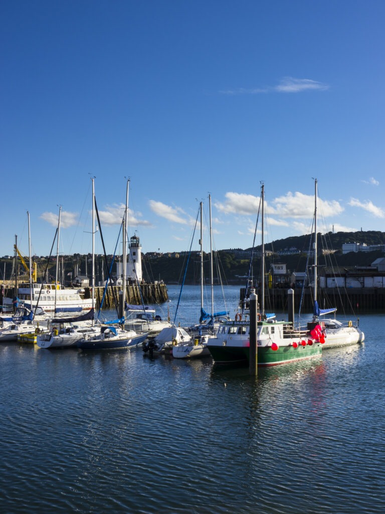 England, North Yorkshire, Scarborough. Boats moored in Scarborough Harbour, a working fishing harbour in North Yorkshire.