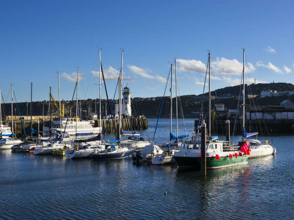 England, North Yorkshire, Scarborough. Boats moored in Scarborough Harbour, a working fishing harbour in North Yorkshire.