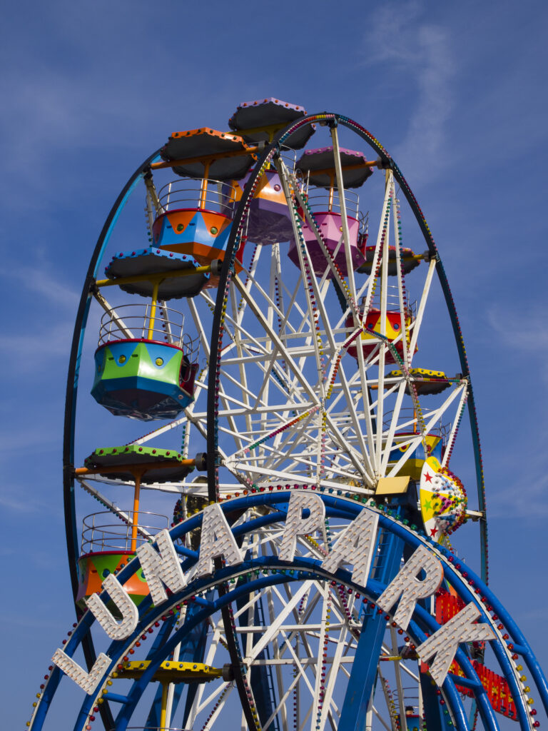 England, North Yorkshire, Scarborough. Scarborough Luna Park, a seaside fairground located near Scarborough Harbour, in the seaside resort of Scarborough.