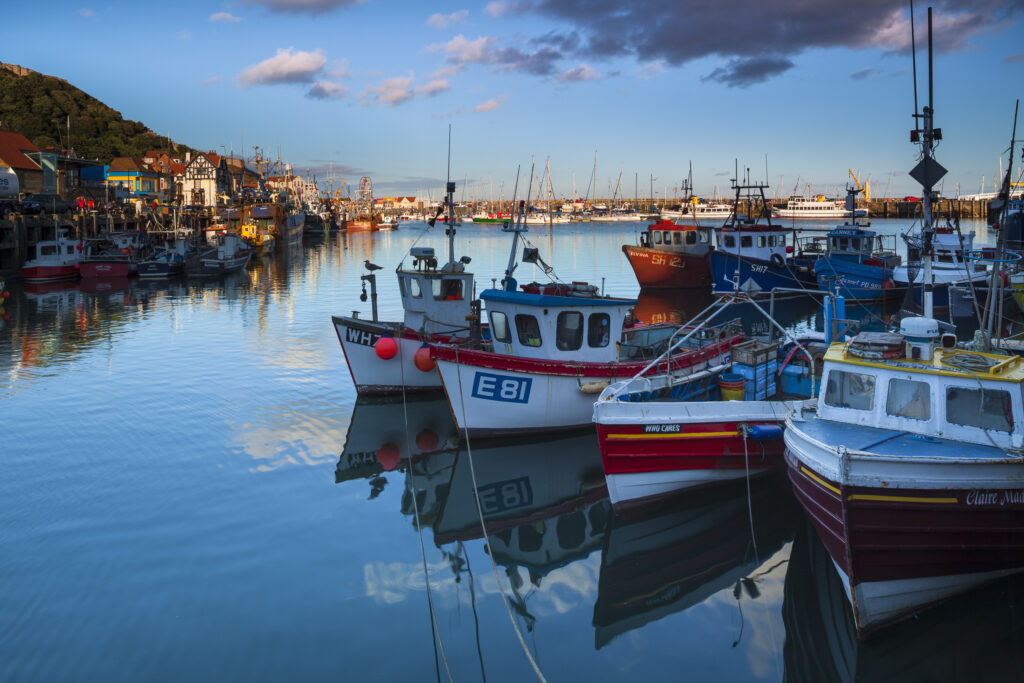 England, North Yorkshire, Scarborough. Boats moored in Scarborough Harbour, a working fishing harbour in North Yorkshire.