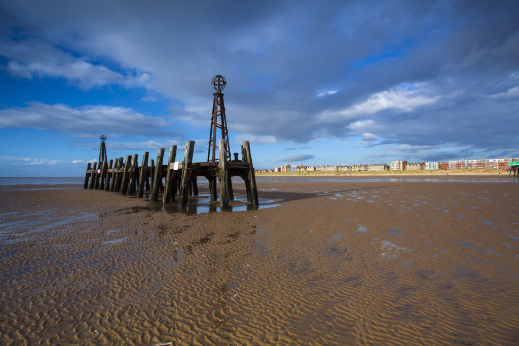 England, Lancashire, Lytham St Annes. Lytham St Annes old pier located near Blackpool, on the Irish Sea Coast.