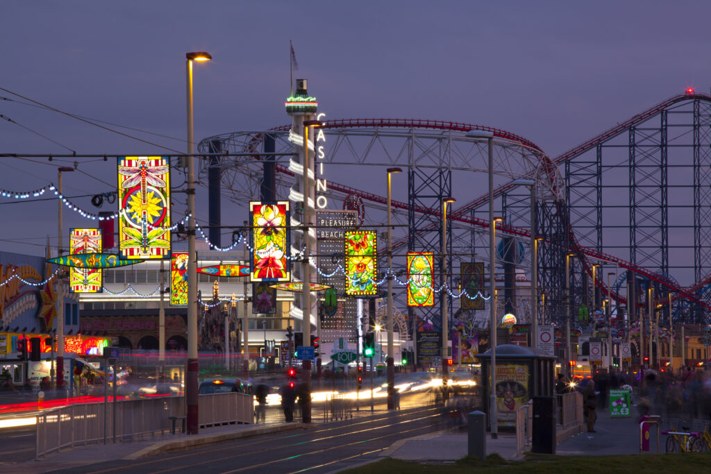 England, Lancashire, Blackpool. Blackpool Pleasure Beach and Blackpool Illuminations.