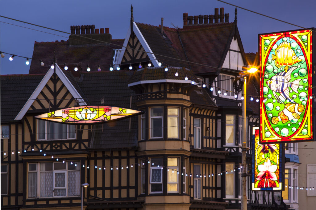 England, Lancashire, Blackpool. Blackpool Lights on the golden mile during Blackpool Illuminations.