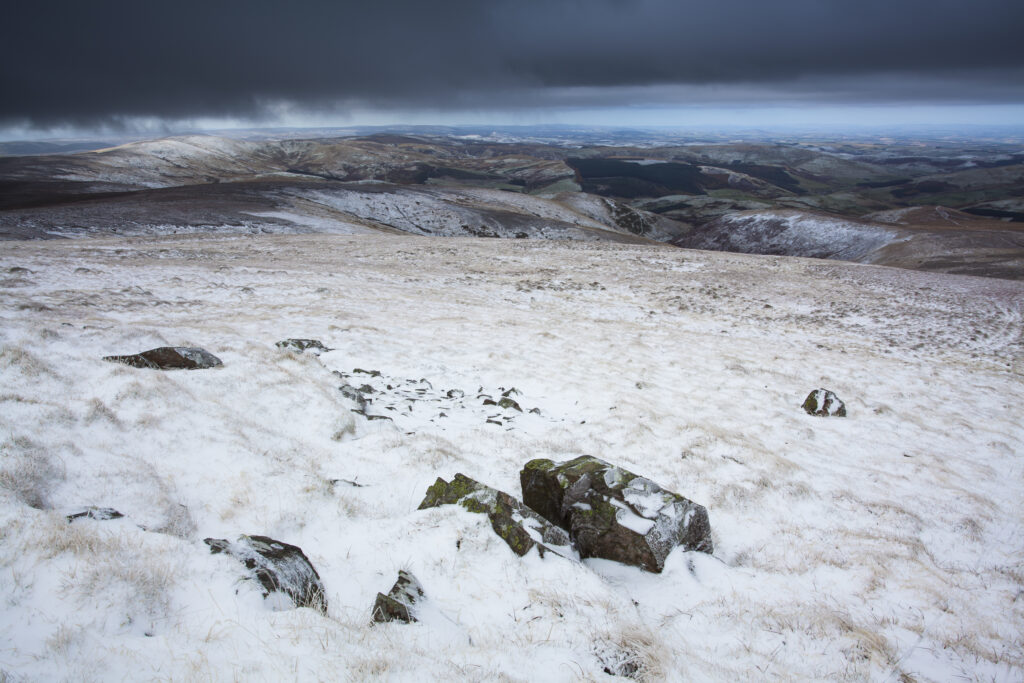 England, Northumberland, Northumberland National Park. The Cheviot Hills near Auchope Rig, looking towards the Scottish Uplands.