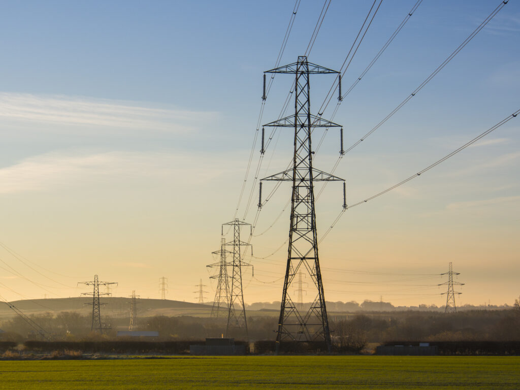 England, Northumberland, Seaton Delaval. Electricity Pylons carrying electricity through Southern Northumberland.