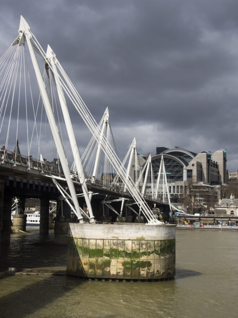 England, Greater London, Golden Jubilee Bridge. View looking towards the Golden Jubilee Bridge from the Southbank of the River Thames.