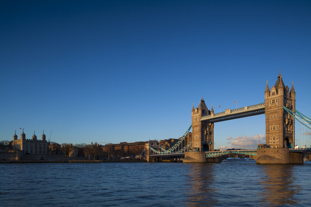 England, Greater London, Pool of London. The iconic Tower Bridge which spans the River Thames near the Tower of London.