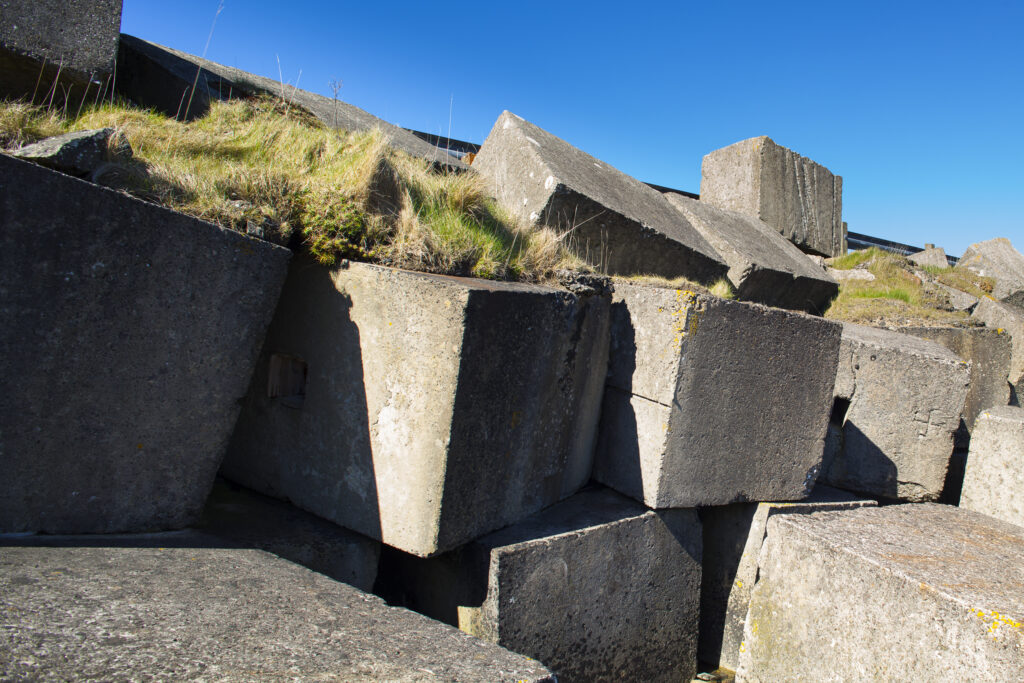 Scotland, Orkney Islands, Churchill Barrier. Churchill Barrier No. 3, linking Glimps Holm and Burray, built by prisoners of war in WW2 to protect the Royal Navy anchorage in Scapa Flow from German U-boats.