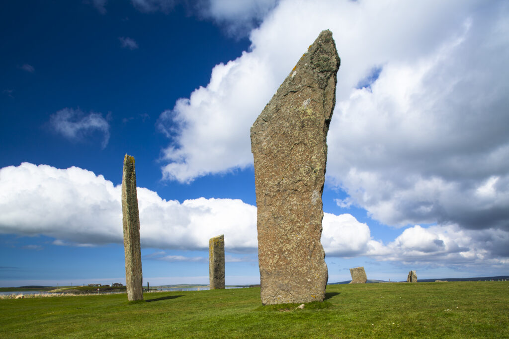 Scotland, Orkney Islands, Standing Stones of Stenness. The Standing Stones of Stenness, a Neolithic stone circle monument on the mainland of Orkney, Scotland, forming part of the Heart of Neolithic Orkney World Heritage Site