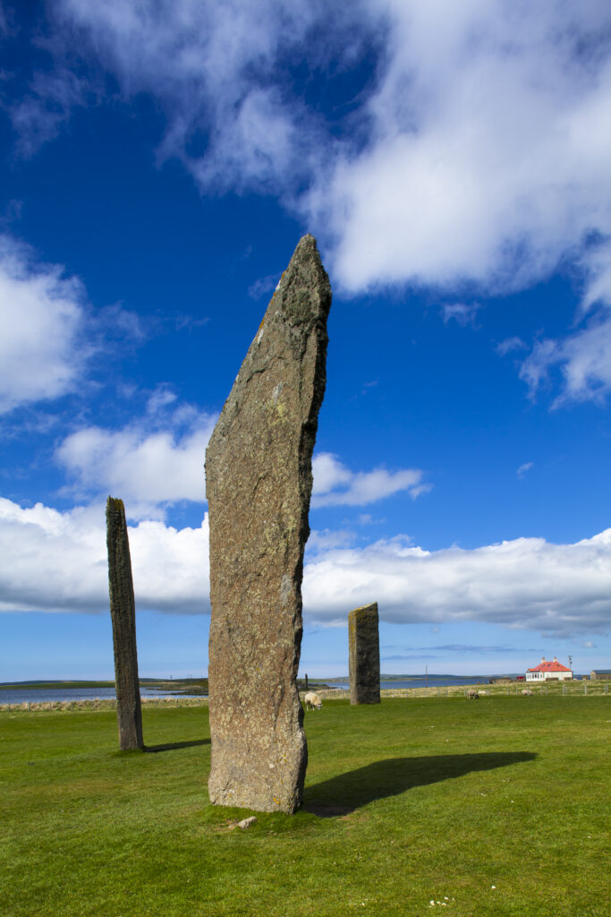 Scotland, Orkney Islands, Standing Stones of Stenness. The Standing Stones of Stenness, a Neolithic stone circle monument on the mainland of Orkney, Scotland, forming part of the Heart of Neolithic Orkney World Heritage Site