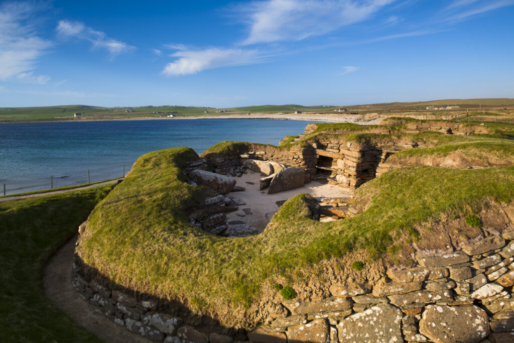 Scotland, Orkney Islands, Skara Brae Prehistoric Village. Skara Brae, a stone-built Neolithic settlement, located on the Bay of Skaill on the west coast of Mainland Orkney and forming part of the Heart of Neolithic Orkney World Heritage Site