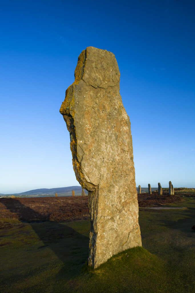 Scotland, Orkney Islands, The Ring of Brodgar. The Ring of Brodgar, a Neolithic stone circle and henge monument on the mainland of Orkney, Scotland, forming part of the Heart of Neolithic Orkney World Heritage Site