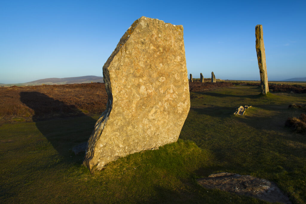 Scotland, Orkney Islands, The Ring of Brodgar. The Ring of Brodgar, a Neolithic stone circle and henge monument on the mainland of Orkney, Scotland, forming part of the Heart of Neolithic Orkney World Heritage Site