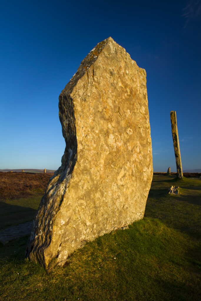 Scotland, Orkney Islands, The Ring of Brodgar. The Ring of Brodgar, a Neolithic stone circle and henge monument on the mainland of Orkney, Scotland, forming part of the Heart of Neolithic Orkney World Heritage Site