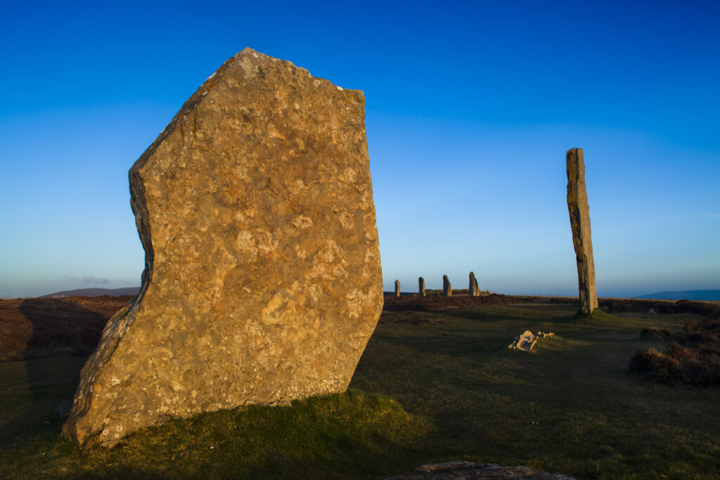 Scotland, Orkney Islands, The Ring of Brodgar. The Ring of Brodgar, a Neolithic stone circle and henge monument on the mainland of Orkney, Scotland, forming part of the Heart of Neolithic Orkney World Heritage Site