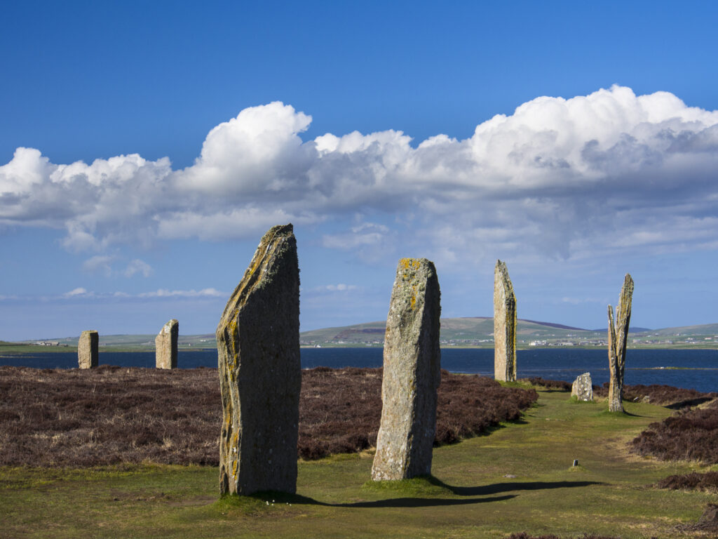 Scotland, Orkney Islands, The Ring of Brodgar. The Ring of Brodgar, a Neolithic stone circle and henge monument on the mainland of Orkney, Scotland, forming part of the Heart of Neolithic Orkney World Heritage Site