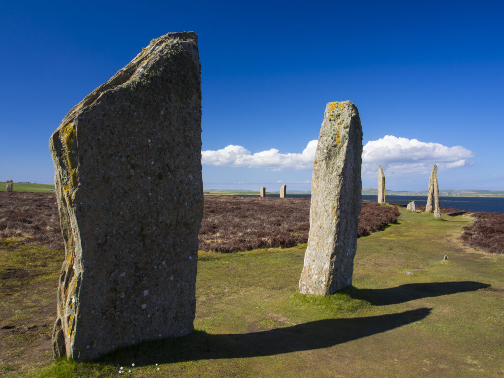 Scotland, Orkney Islands, The Ring of Brodgar. The Ring of Brodgar, a Neolithic stone circle and henge monument on the mainland of Orkney, Scotland, forming part of the Heart of Neolithic Orkney World Heritage Site