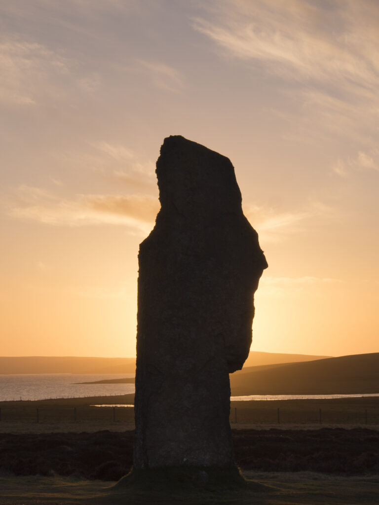 Scotland, Orkney Islands, The Ring of Brodgar. The Ring of Brodgar, a Neolithic stone circle and henge monument on the mainland of Orkney, Scotland, forming part of the Heart of Neolithic Orkney World Heritage Site