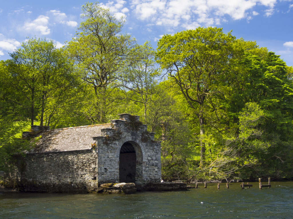 England, Cumbria, Lake District National Park. Traditional Boathouse on Lake Windermere.