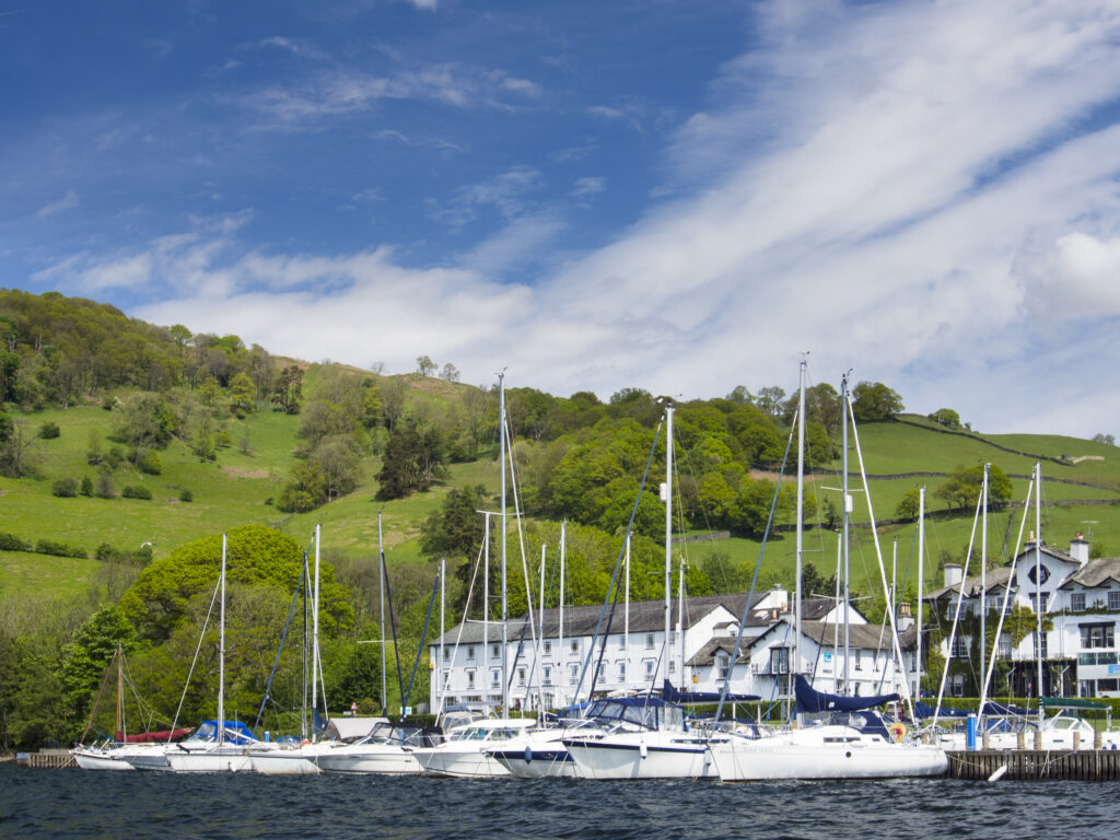 England, Cumbria, Lake District National Park. Low Wood Bay resort and marina on Lake Windermere near Ambleside.