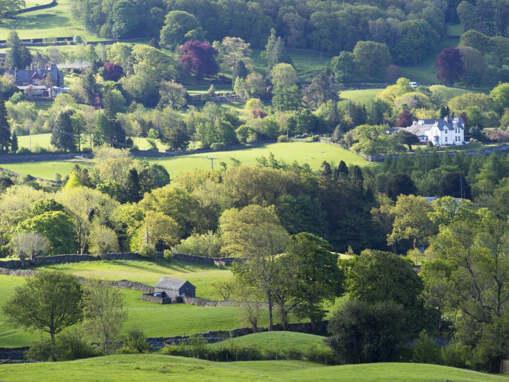England, Cumbria, Lake District National Park. Rolling countryside near the small village of Troutbeck above Lake Windermere.