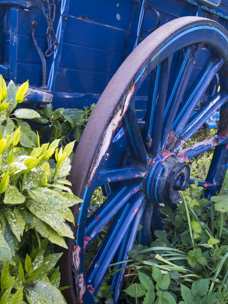 England, Cumbria, Lake District National Park. Traditional wooden horse waggon wheel, now part of a flower display at Newby Bridge.