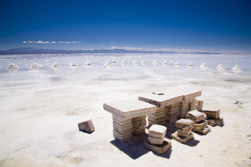 Bolivia, Southern Altiplano, Salar de Uyuni. Seating constructed of salt, located on the Salar de Uyuni salt flat.