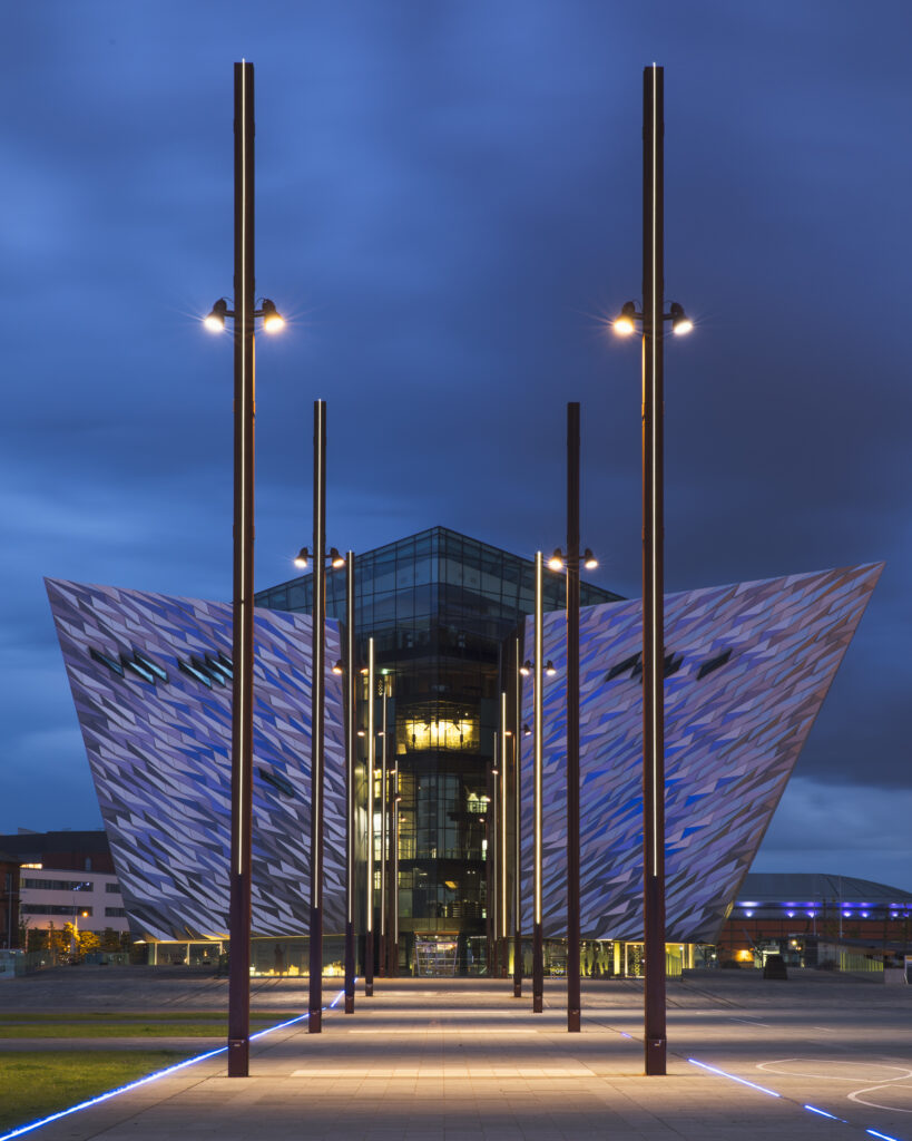 Northern Ireland, Belfast, Titanic Quarter. Titanic Belfast, an aluminium clad museum resembling the hull of a ship.