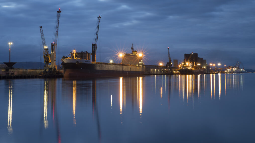 Northern Ireland, Belfast, Titanic Quarter. The River Lagan viewed from the Titanic Belfast at dusk.
