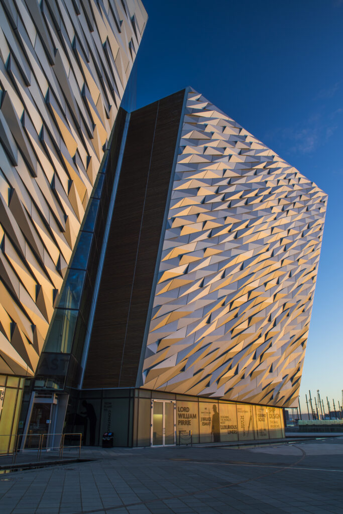 Northern Ireland, Belfast, Titanic Quarter. Titanic Belfast, an aluminium clad museum resembling the hull of a ship.