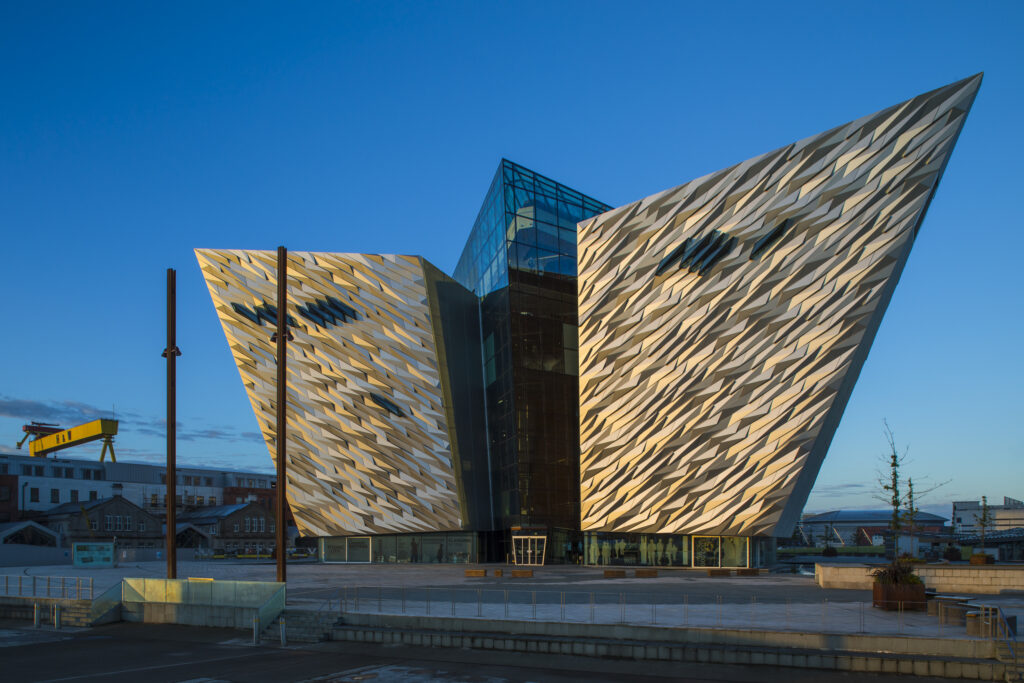 Northern Ireland, Belfast, Titanic Quarter. Titanic Belfast, an aluminium clad museum resembling the hull of a ship.