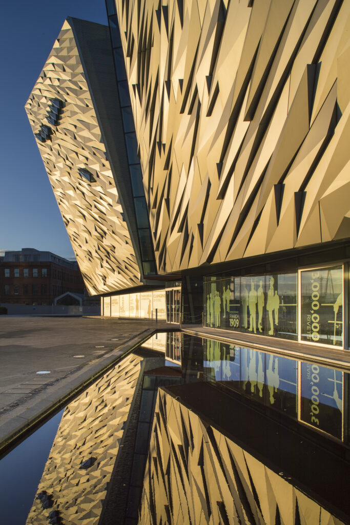 Northern Ireland, Belfast, Titanic Quarter. Titanic Belfast, an aluminium clad museum resembling the hull of a ship.