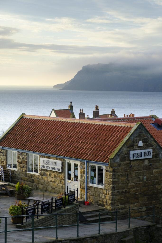 England, North Yorkshire, Robin Hood's Bay. Fish and chip shop at Robin Hood's Bay in the North York Moors National Park.