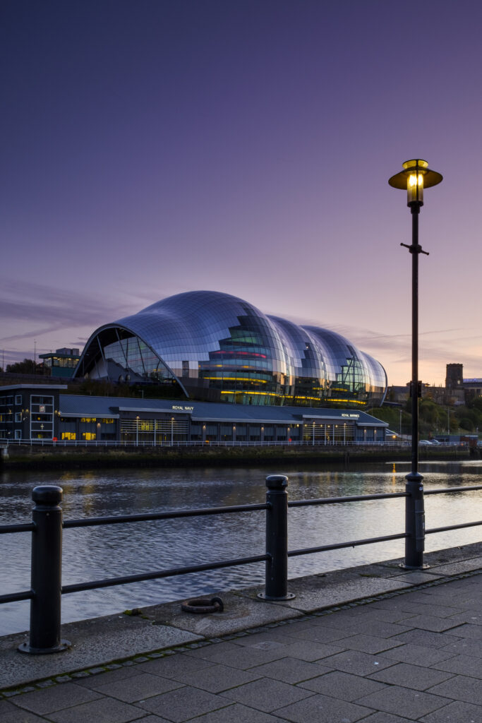 England, Tyne and Wear, Newcastle Upon Tyne. The Sage Building located alongside the River Tyne and Newcastle / Gatehead Quayside.