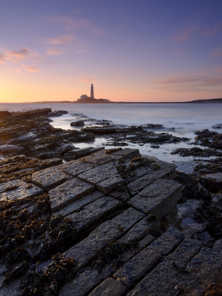 England, Northumberland, Old Hartley. Old Hartley Bay at dawn, looking towards St Mary's Lighthouse.
