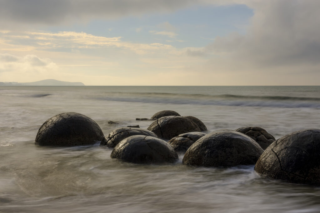 New Zealand, Otago, Moeraki Boulders. The famous spherical Moeraki boulders on the North Otago coast.