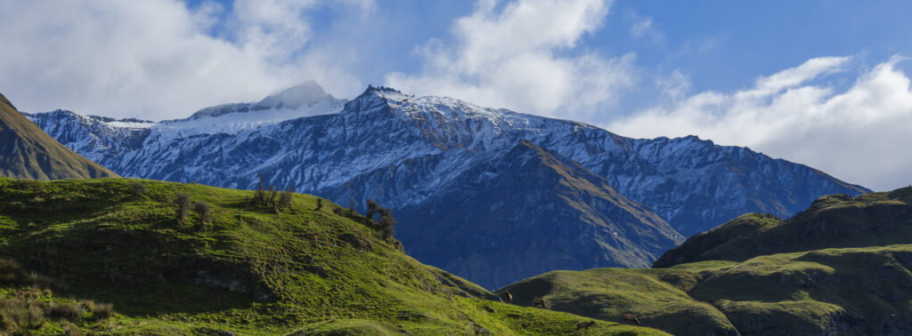 New Zealand, South Island, Mount Aspiring National Park. The moutain peaks of the Mt Aspiring National Park viewed from the remote Wanaka - Mount Aspiring Road.