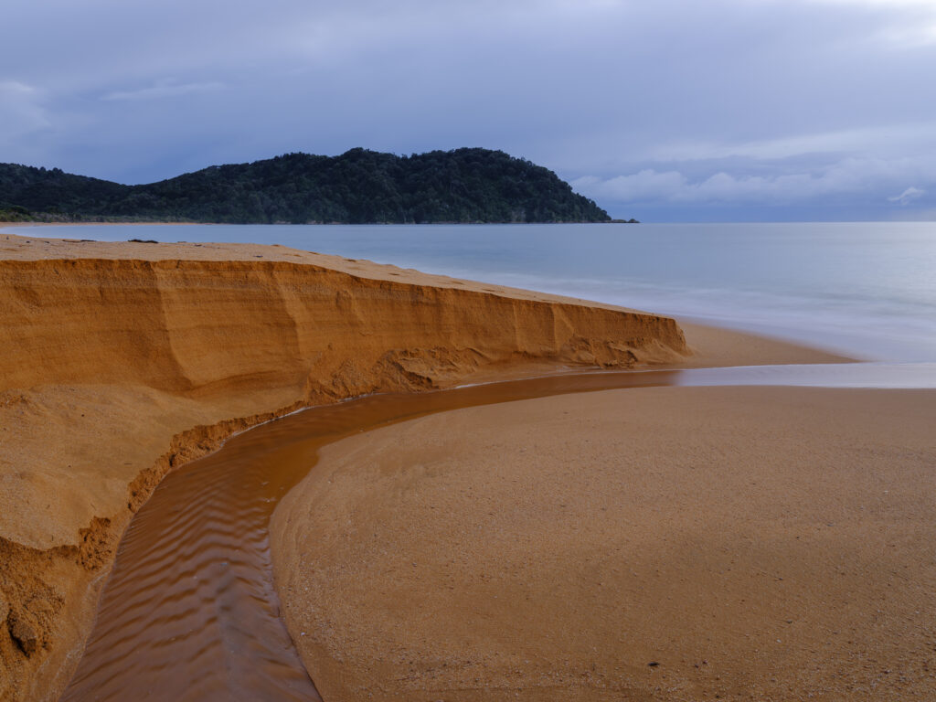 New Zealand, Nelson & Marlborough, Abel Tasman National Park. Dawn at the golden sand beach of Totaranui Bay which is bordered by native woodland and rocky outcrops.