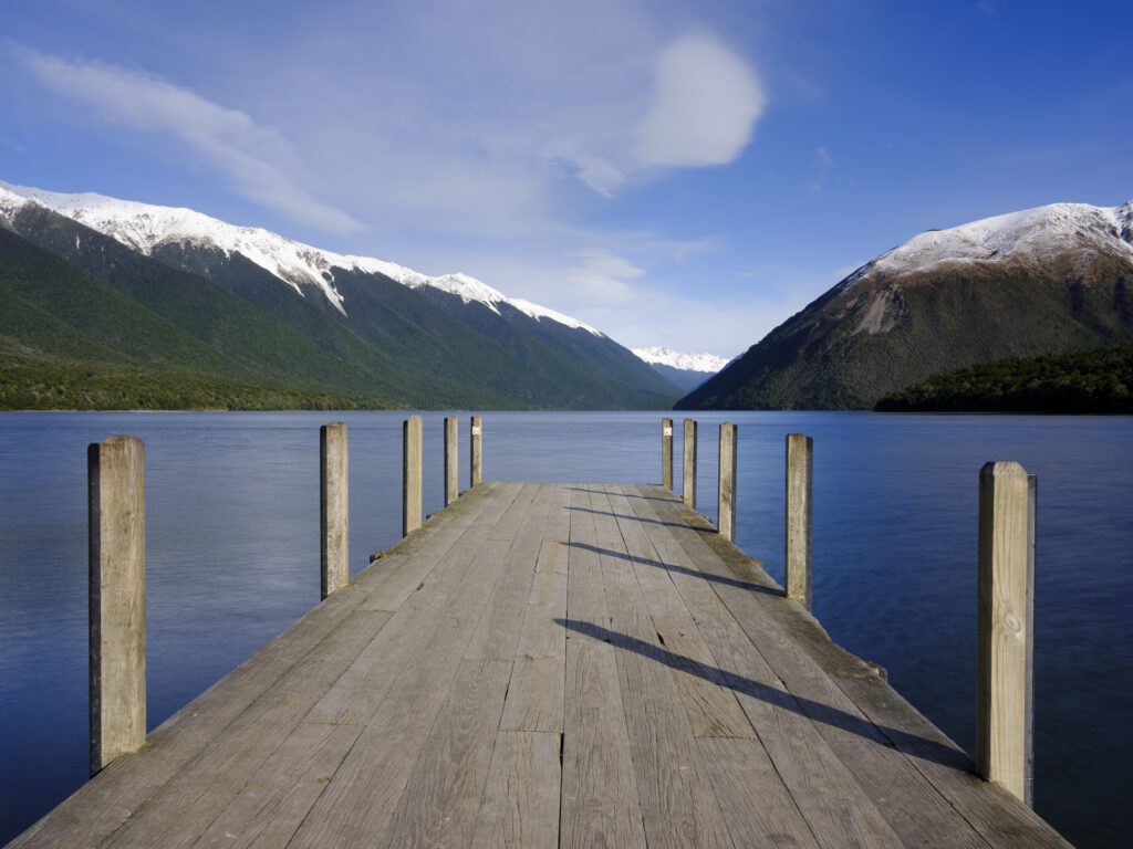 New Zealand, South Island, Nelson Lakes National Park. The jetty at Lake Rotoiti, previously known as Lake Arthur, located in the Tasman Region of New Zealand.