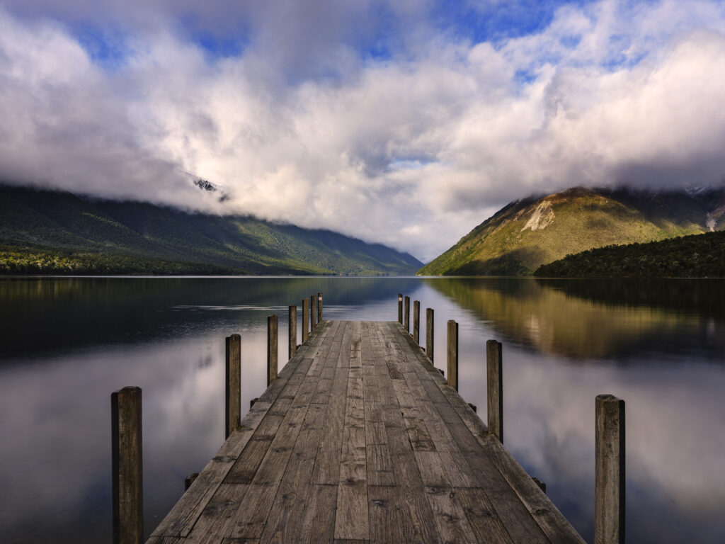 New Zealand, South Island, Nelson Lakes National Park. The jetty at Lake Rotoiti, previously known as Lake Arthur, located in the Tasman Region of New Zealand.
