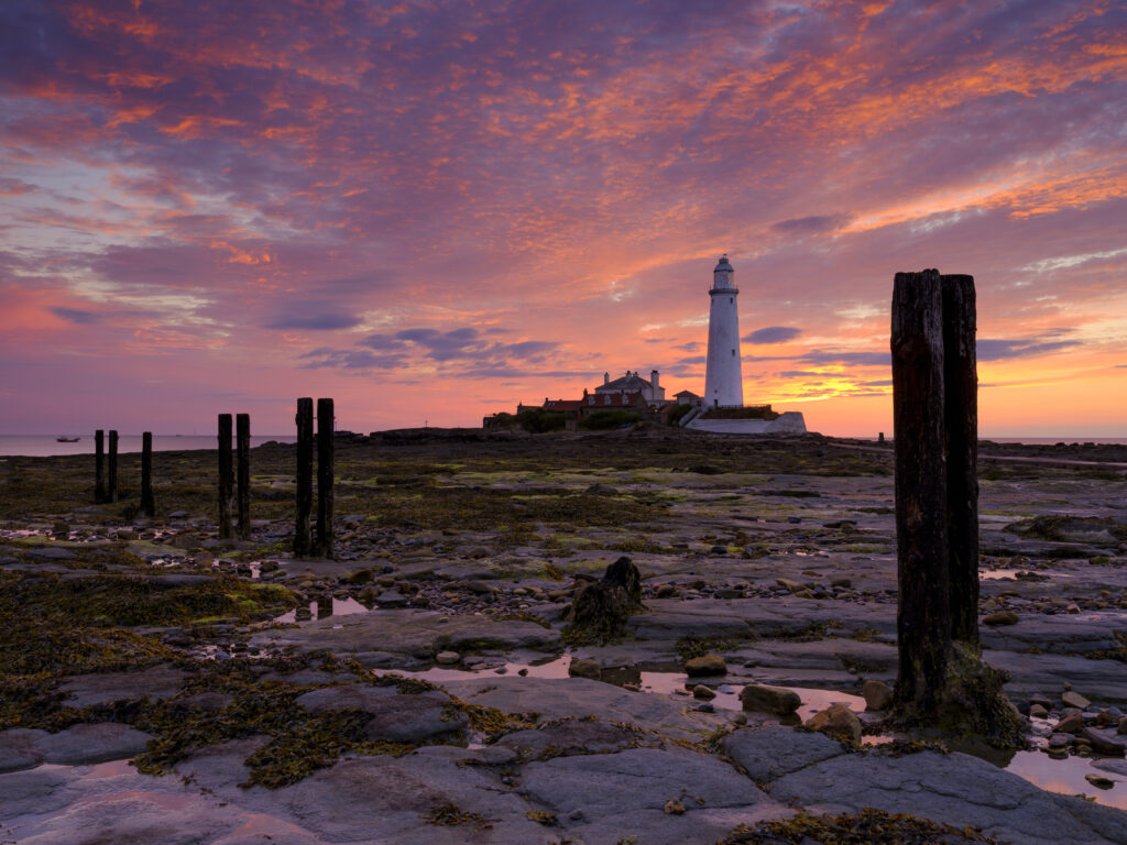 England, Tyne and Wear, Whitley Bay. St Mary's Lighthouse and Island photographed at dawn.