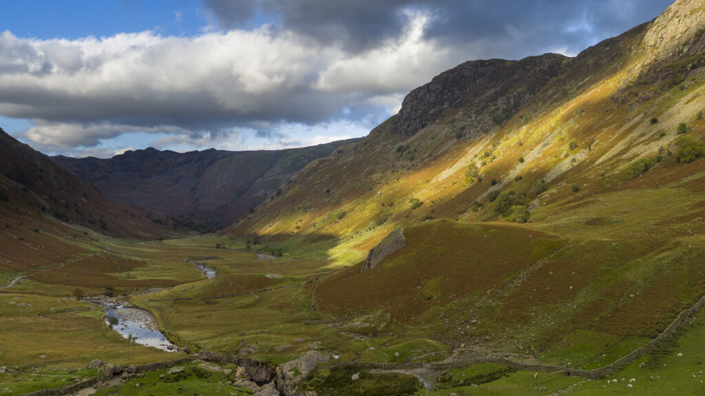 England, Cumbria, Lake District National Park. Langstrath Beck running through the landscape of Stonethwaite Fell along the Cumbria Way track.