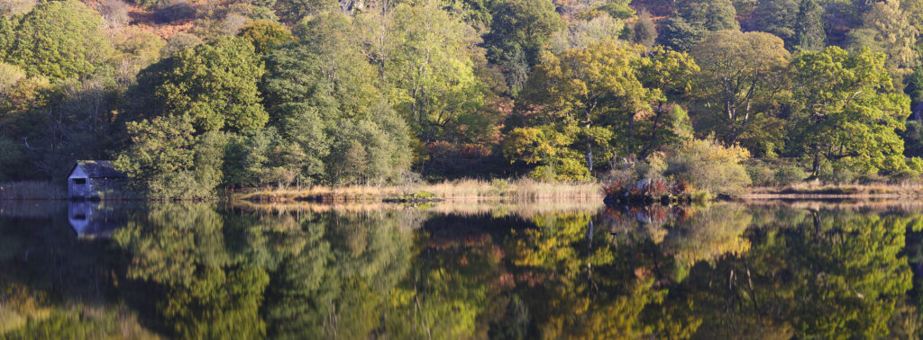 England, Cumbria, Lake District National Park. Early morning reflections at Rydal Water, on a still autumn day.