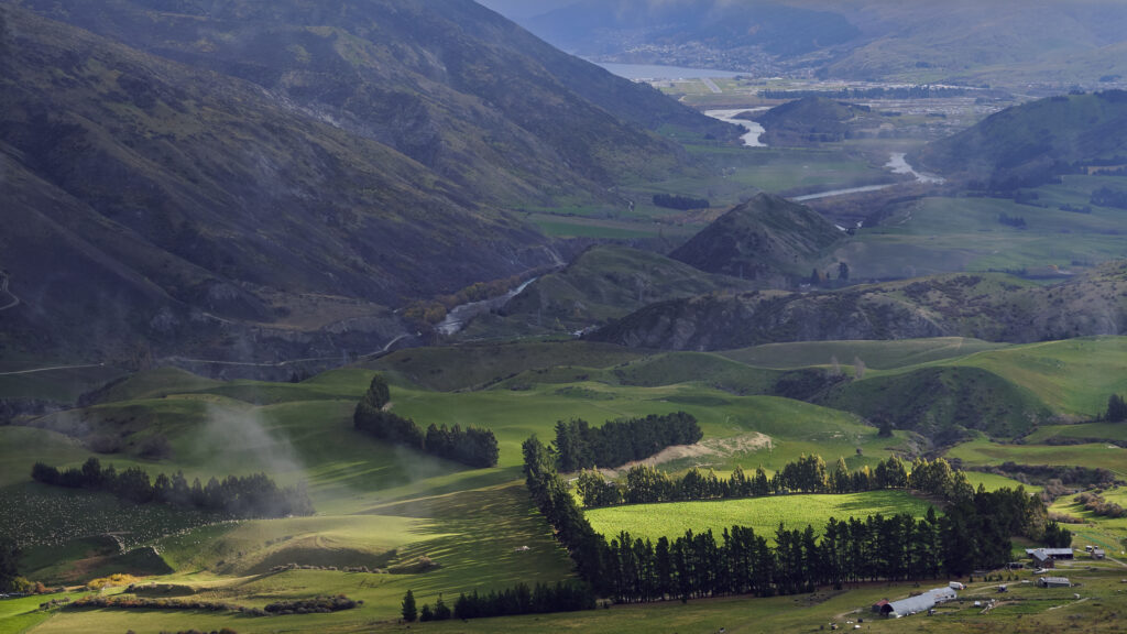 New Zealand, South Island, Otago. Aerial view of agricultural land near Arrowtown.