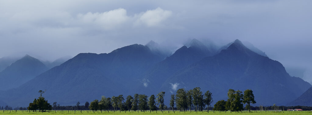 New Zealand, Westland, Westland National Park. The Southern Alps viewed from Peak View Point on the Gillespies Beach Road.