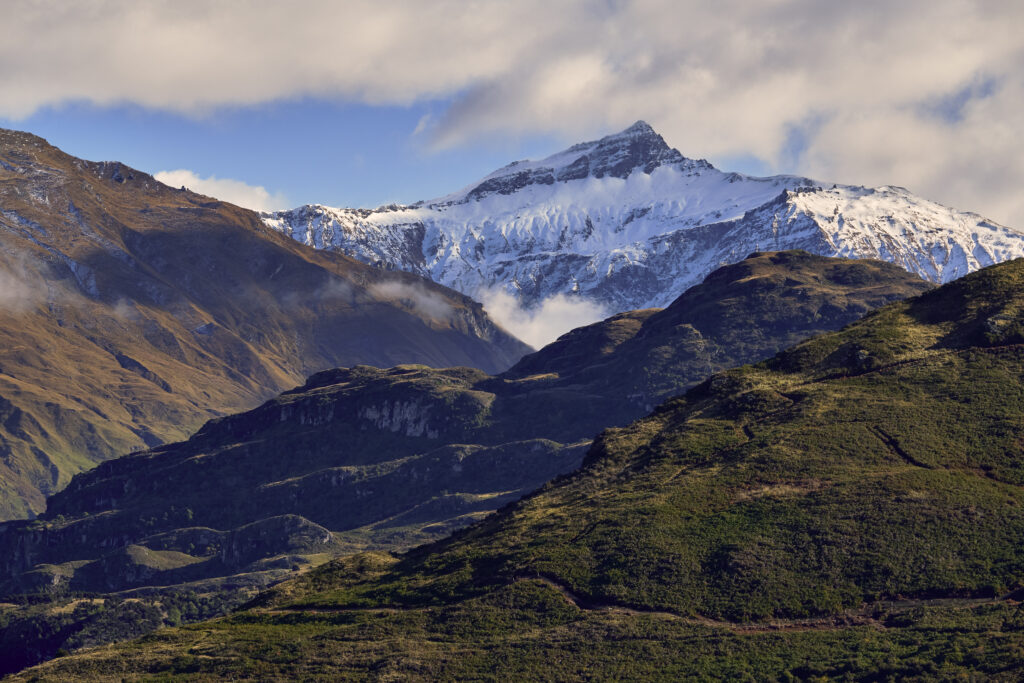New Zealand, South Island, Mount Aspiring National Park. The moutain peaks of the Mt Aspiring National Park viewed from the remote Wanaka - Mount Aspiring Road.