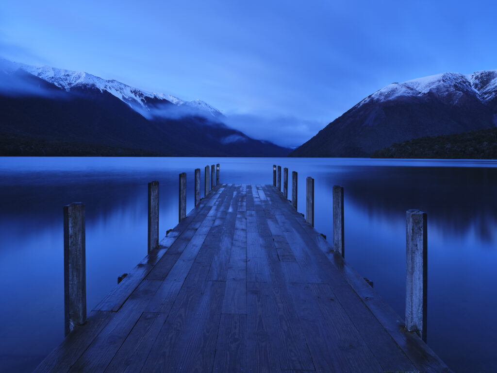 New Zealand, South Island, Nelson Lakes National Park. The jetty at Lake Rotoiti, previously known as Lake Arthur, located in the Tasman Region of New Zealand.